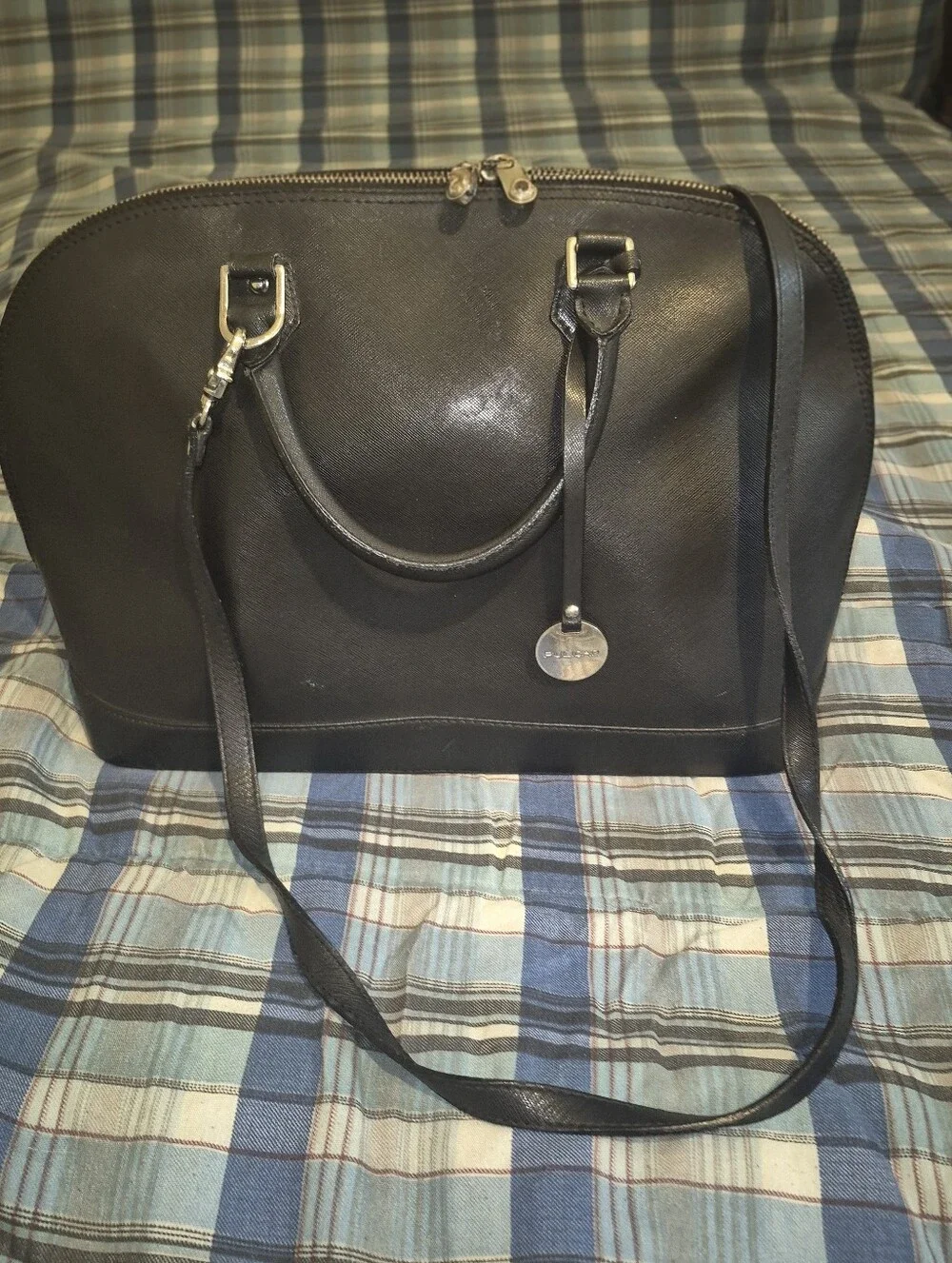 Black Leather Dome Satchel Handbag - Pulicati